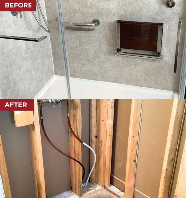 before and after image of a remodeled bathroom.