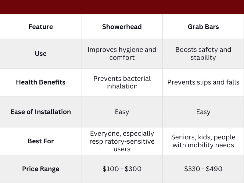 Comparison chart of showerheads and grab bars, detailing features like use, health benefits, installation ease, best for, and price range.