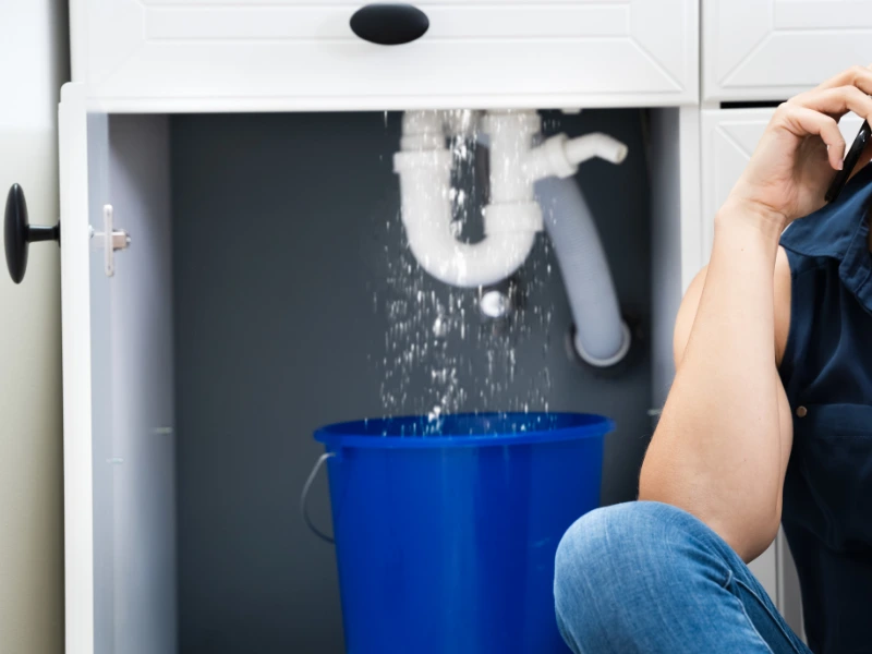 a leaking pipe under a sink.