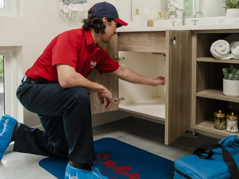 Mr. Rooter professional fixing a blocked drain.