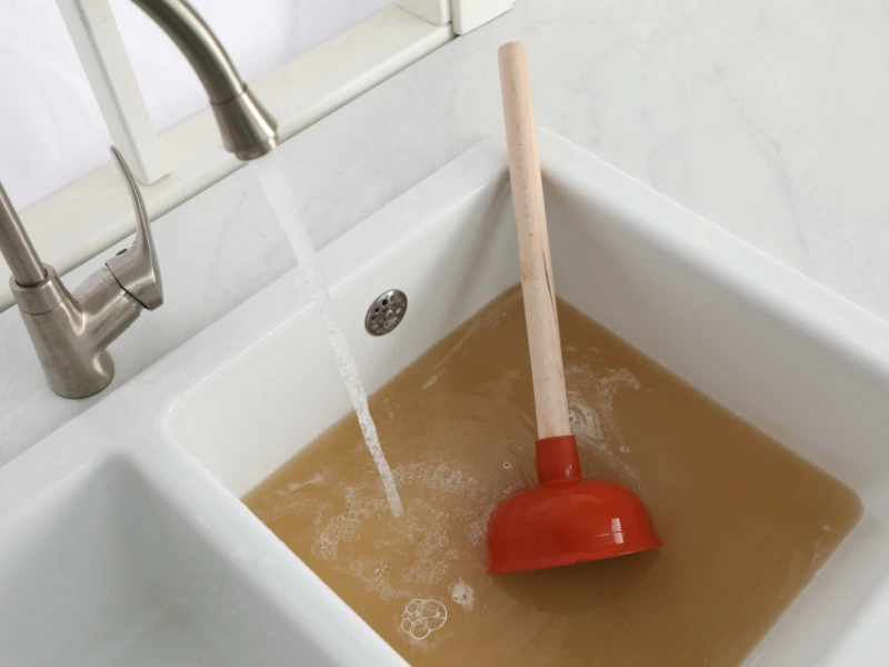 Plunger inside a clogged sink.