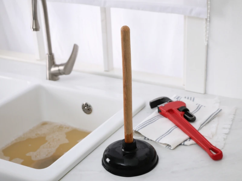 Plunger sitting on a sink countertop.